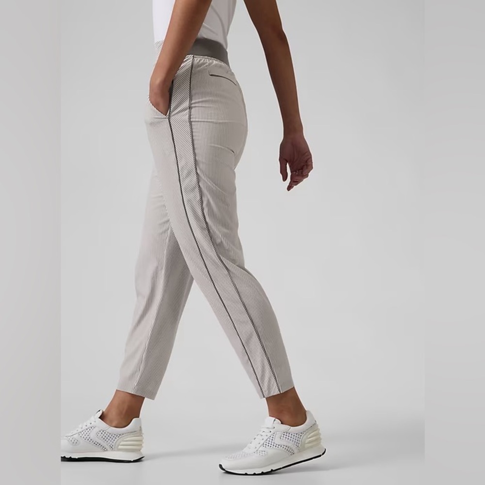 Athleta Brooklyn Textured Ankle Pant in Gray and White City Stripes.